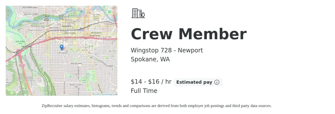 Wingstop 728 - Newport job posting for a Crew Member in Spokane, WA with a salary of $15 to $17 Hourly with a map of Spokane location.
