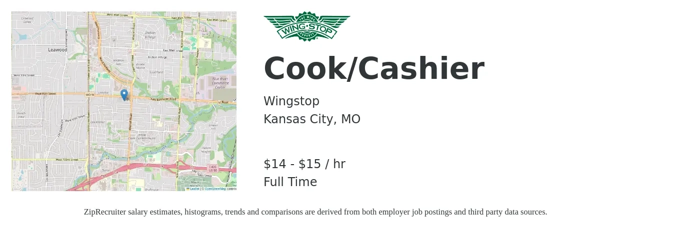 Wingstop job posting for a Cook/Cashier in Kansas City, MO with a salary of $15 to $16 Hourly with a map of Kansas City location.