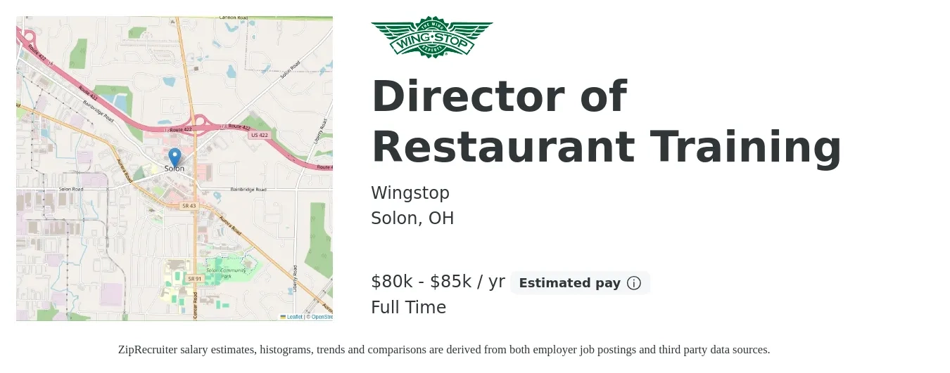 Wingstop job posting for a Director of Restaurant Training in Solon, OH with a salary of $80,000 to $85,000 Yearly with a map of Solon location.
