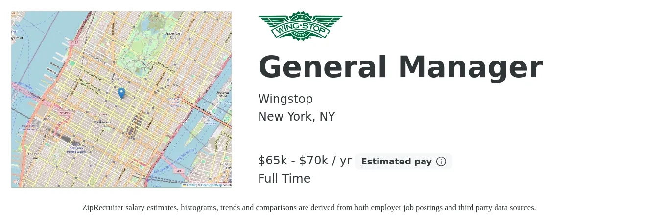 Wingstop job posting for a General Manager in New York, NY with a salary of $65,000 to $70,000 Yearly with a map of New York location.