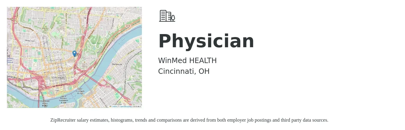 WinMed HEALTH job posting for a Physician in Cincinnati, OH with a salary of $182,400 to $234,700 Yearly with a map of Cincinnati location.