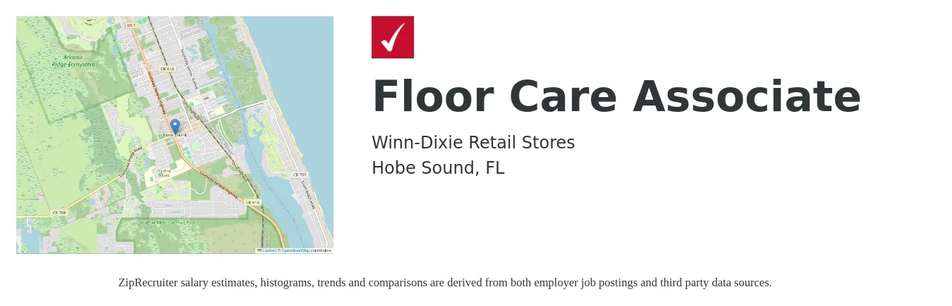 Winn-Dixie Retail Stores job posting for a Floor Care Associate in Hobe Sound, FL with a salary of $13 to $16 Hourly with a map of Hobe Sound location.
