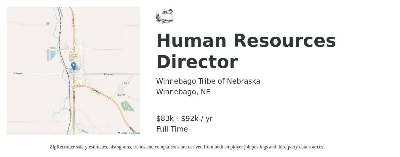 Winnebago Tribe of Nebraska job posting for a Human Resources Director in Winnebago, NE with a salary of $83,825 to $92,241 Yearly with a map of Winnebago location.