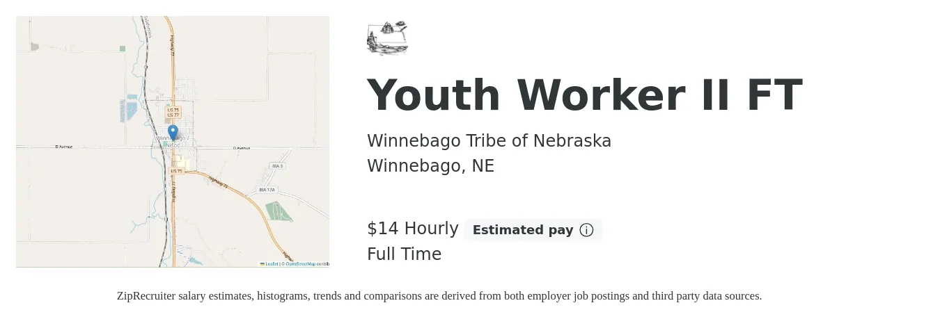 Winnebago Tribe of Nebraska job posting for a Youth Worker II FT in Winnebago, NE with a salary of $15 Hourly with a map of Winnebago location.