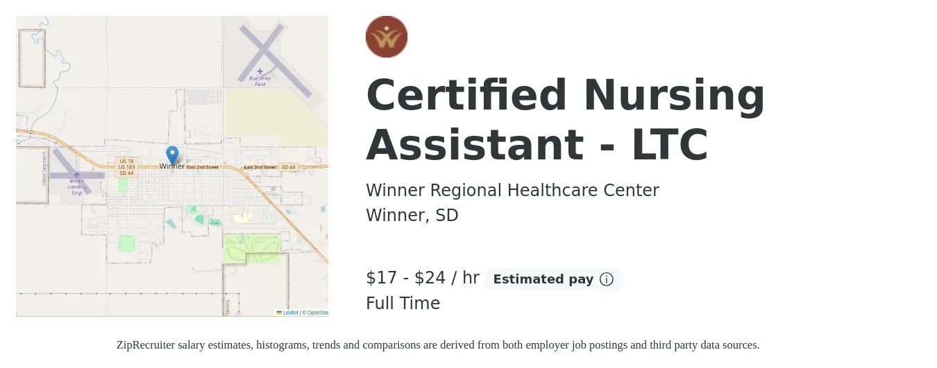 Winner Regional Healthcare Center job posting for a Certified Nursing Assistant - LTC in Winner, SD with a salary of $18 to $25 Hourly with a map of Winner location.