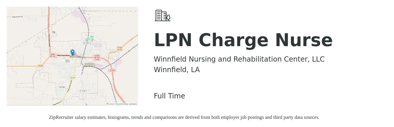 Winnfield Nursing and Rehabilitation Center, LLC job posting for a LPN Charge Nurse in Winnfield, LA with a salary of $23 to $32 Hourly with a map of Winnfield location.