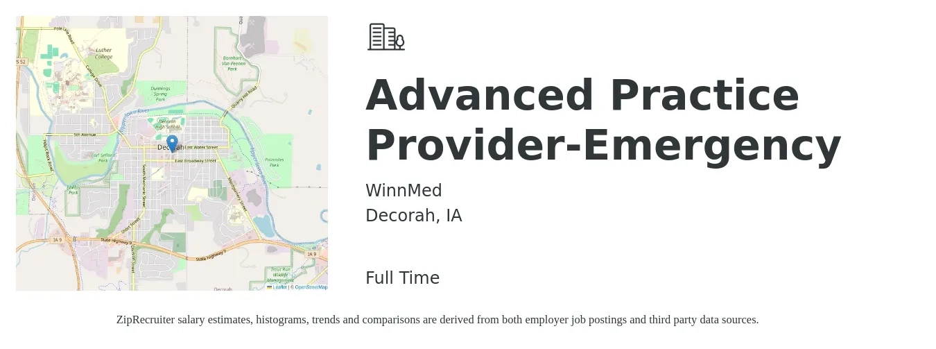 WinnMed job posting for a Advanced Practice Provider-Emergency in Decorah, IA with a salary of $56 to $185 Hourly with a map of Decorah location.