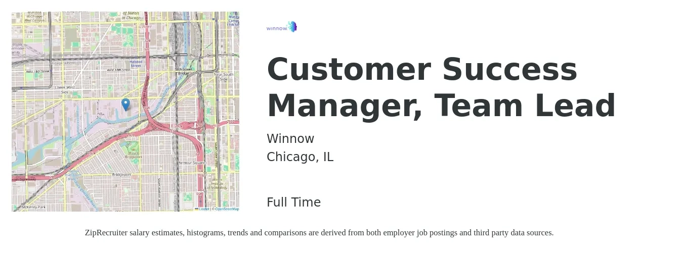 Winnow job posting for a Customer Success Manager, Team Lead in Chicago, IL with a salary of $59,200 to $98,600 Yearly with a map of Chicago location.