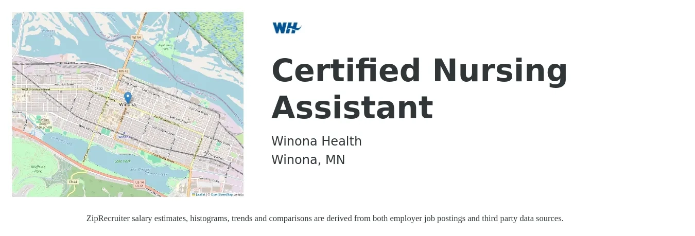 Winona Health job posting for a Certified Nursing Assistant in Winona, MN with a salary of $16 to $23 Hourly with a map of Winona location.