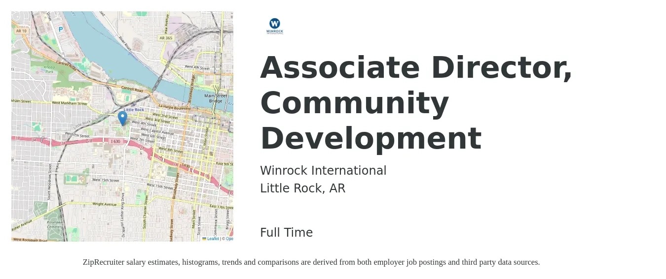 Winrock International job posting for a Associate Director, Community Development in Little Rock, AR with a salary of $69,500 to $98,800 Yearly with a map of Little Rock location.