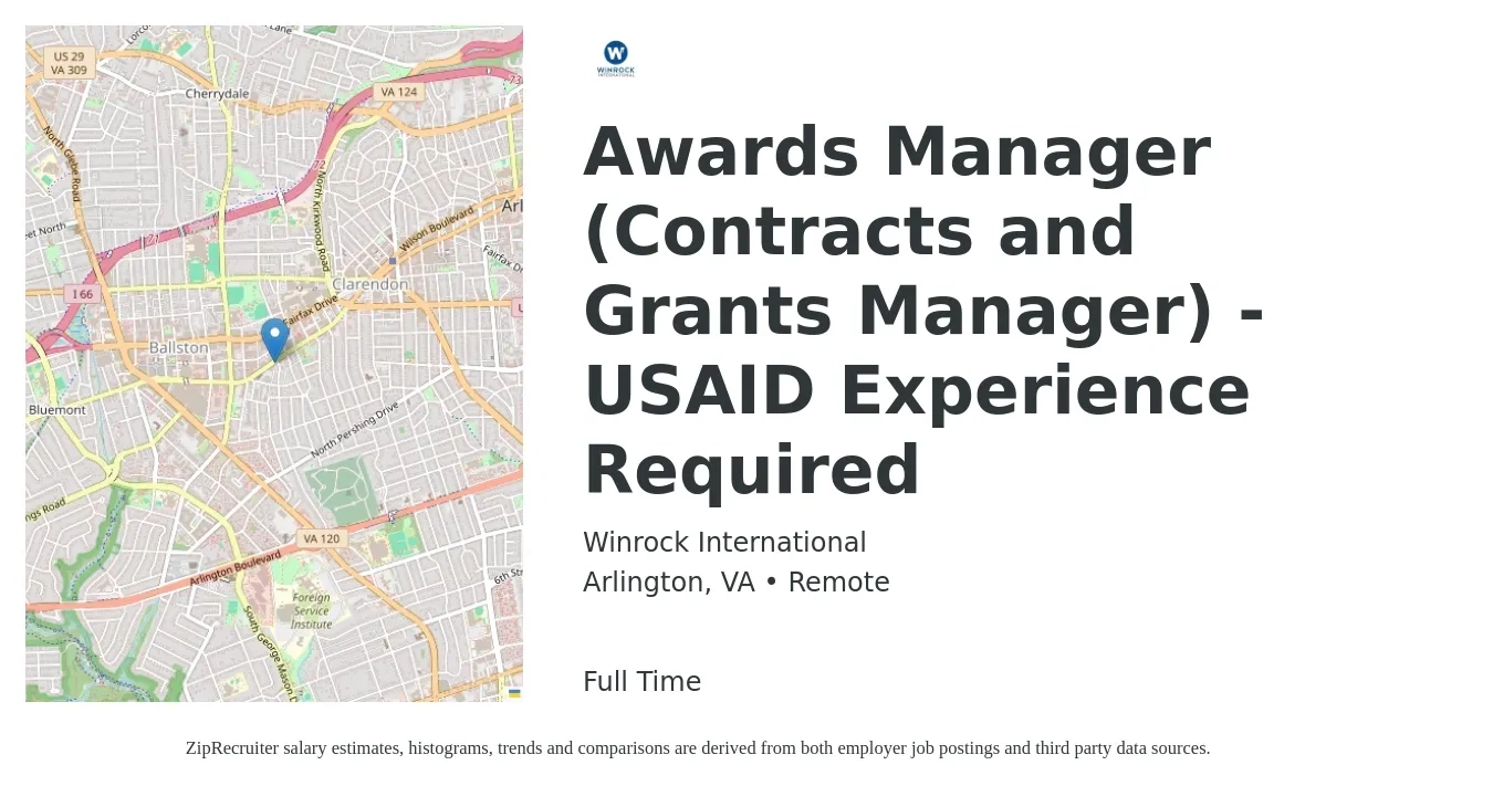 Winrock International job posting for a Awards Manager (Contracts and Grants Manager) - USAID Experience Required in Arlington, VA with a salary of $71,300 to $98,900 Yearly with a map of Arlington location.