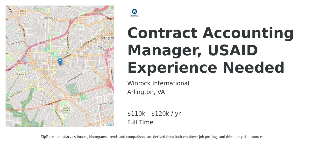 Winrock International job posting for a Contract Accounting Manager, USAID Experience Needed in Arlington, VA with a salary of $110,000 to $120,000 Yearly with a map of Arlington location.