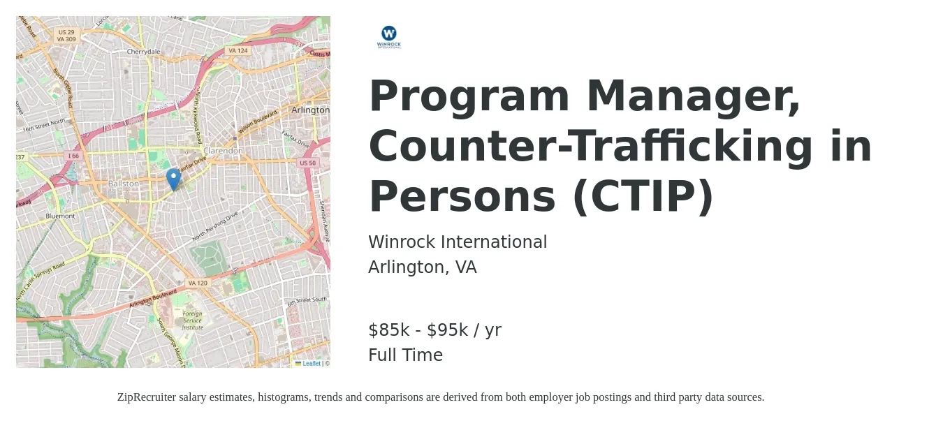 Winrock International job posting for a Program Manager, Counter-Trafficking in Persons (CTIP) in Arlington, VA with a salary of $85,000 to $95,000 Yearly with a map of Arlington location.