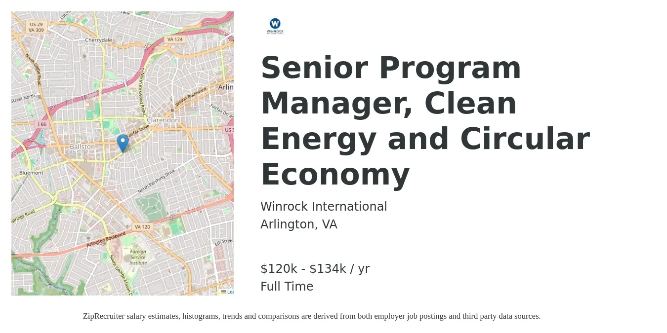 Winrock International job posting for a Senior Program Manager, Clean Energy and Circular Economy in Arlington, VA with a salary of $120,000 to $134,000 Yearly with a map of Arlington location.