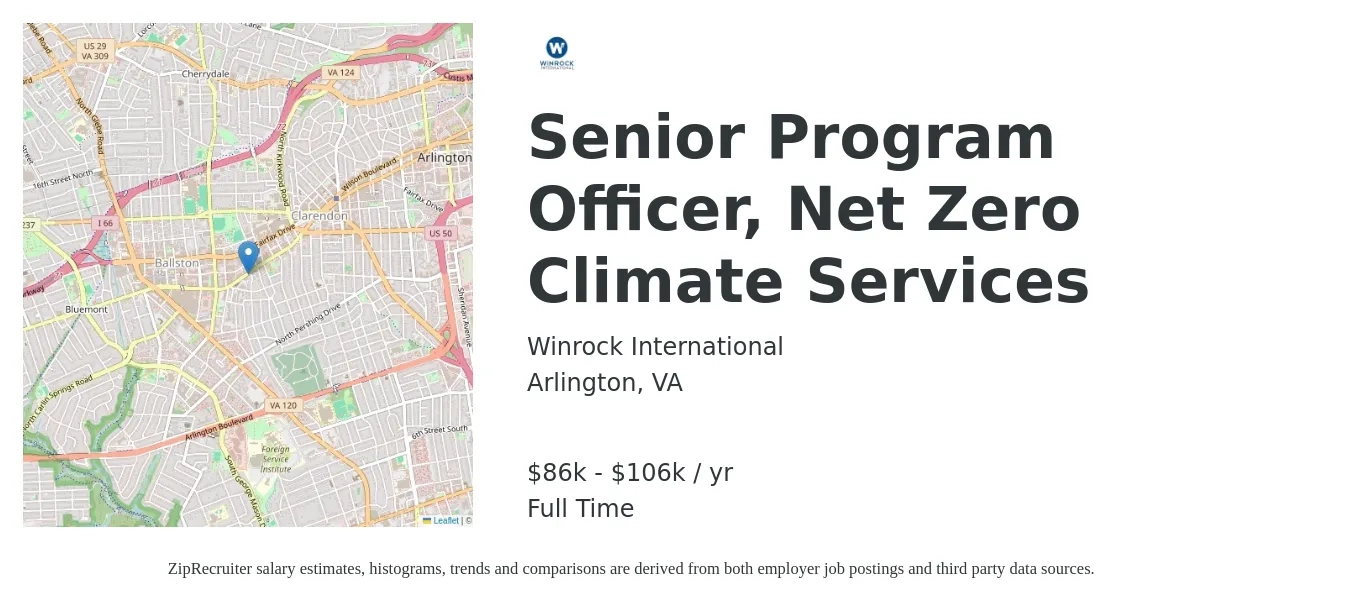 Winrock International job posting for a Senior Program Officer, Net Zero Climate Services in Arlington, VA with a salary of $86,000 to $106,000 Yearly with a map of Arlington location.