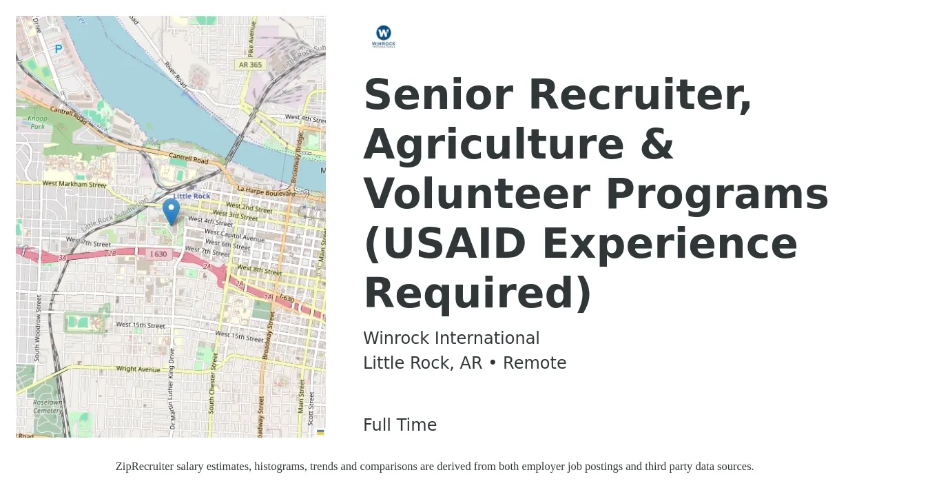 Winrock International job posting for a Senior Recruiter, Agriculture & Volunteer Programs (USAID Experience Required) in Little Rock, AR with a salary of $29,700 to $41,200 Yearly with a map of Little Rock location.