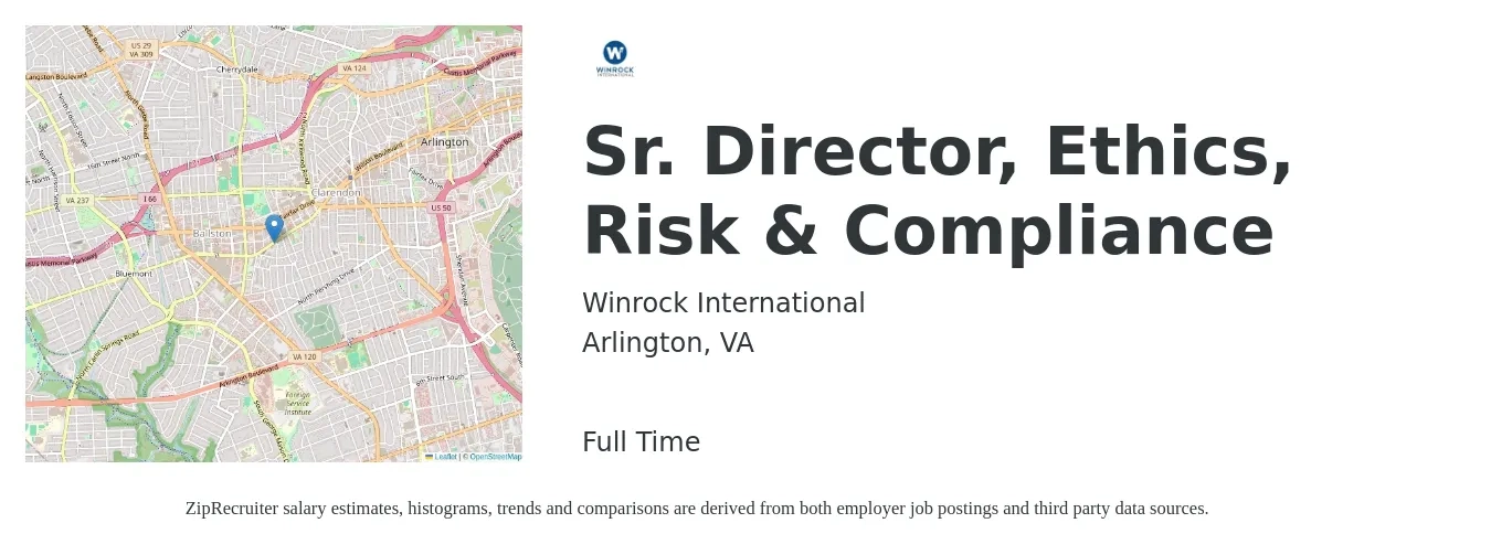 Winrock International job posting for a Sr. Director, Ethics, Risk & Compliance in Arlington, VA with a salary of $117,900 to $200,800 Yearly with a map of Arlington location.