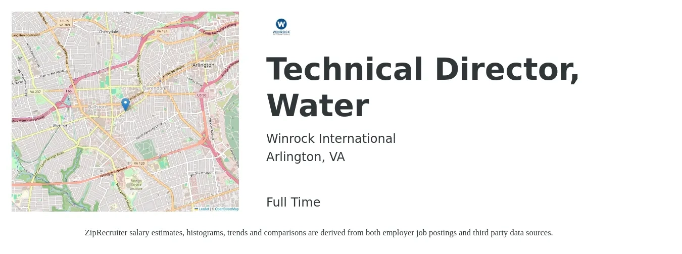 Winrock International job posting for a Technical Director, Water in Arlington, VA with a salary of $78,200 to $177,700 Yearly with a map of Arlington location.