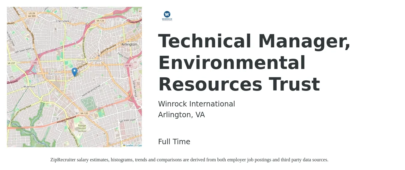 Winrock International job posting for a Technical Manager, Environmental Resources Trust in Arlington, VA with a salary of $134,000 to $208,200 Yearly with a map of Arlington location.