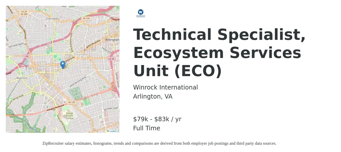 Winrock International job posting for a Technical Specialist, Ecosystem Services Unit (ECO) in Arlington, VA with a salary of $79,000 to $83,000 Yearly with a map of Arlington location.