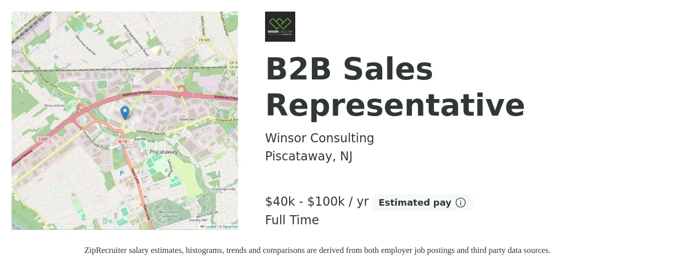 Winsor Consulting job posting for a B2B Sales Representative in Piscataway, NJ with a salary of $40,000 to $100,000 Yearly with a map of Piscataway location.