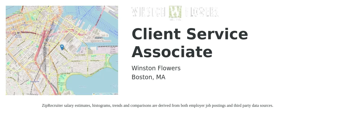 Winston Flowers job posting for a Client Service Associate in Boston, MA with a salary of $16 to $22 Hourly with a map of Boston location.