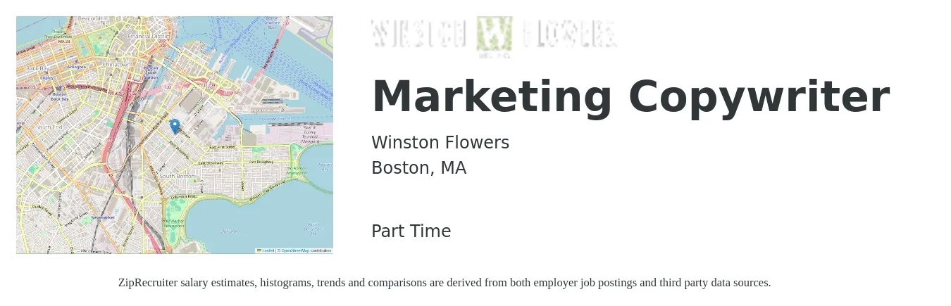 Winston Flowers job posting for a Marketing Copywriter in Boston, MA with a salary of $59,800 to $88,500 Yearly with a map of Boston location.