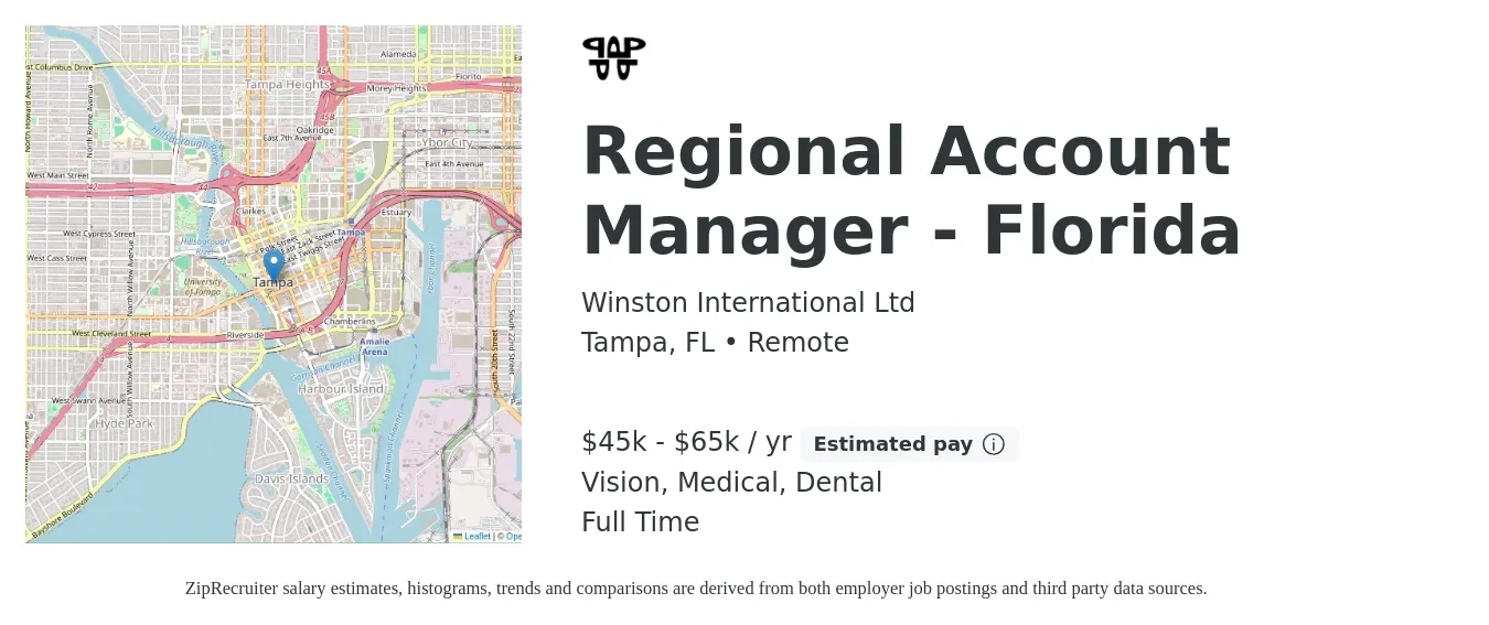 Winston International Ltd job posting for a Regional Account Manager - Florida in Tampa, FL with a salary of $45,000 to $65,000 Yearly (plus commission) and benefits including medical, pto, retirement, vision, and dental with a map of Tampa location.