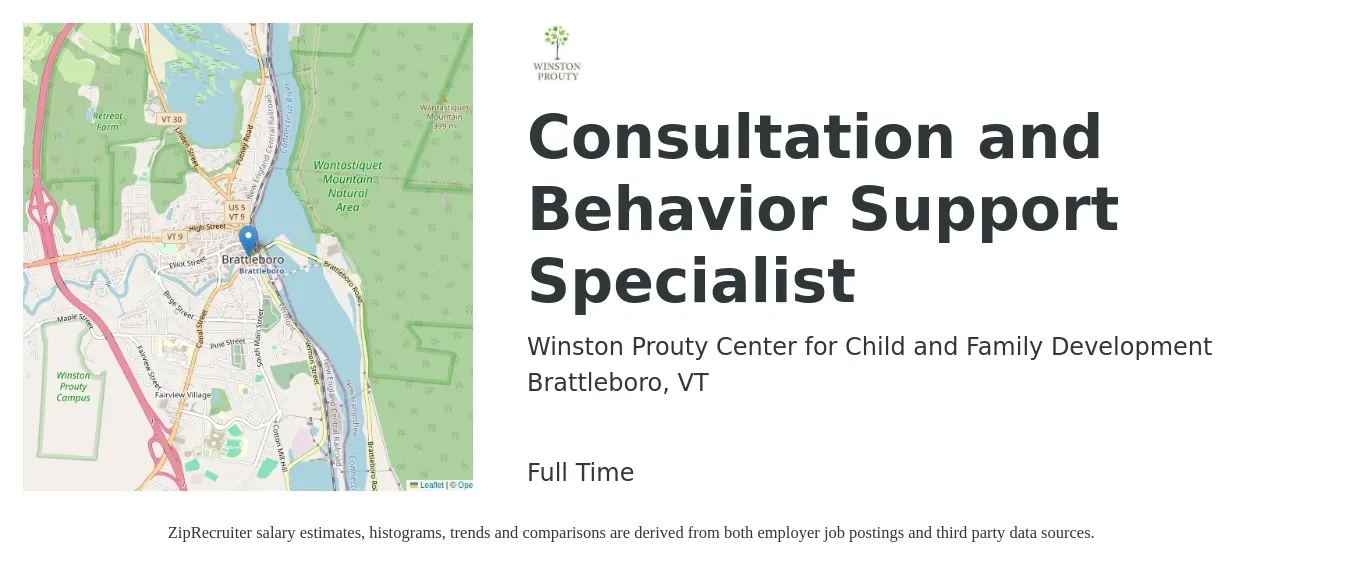 Winston Prouty Center for Child and Family Development job posting for a Consultation and Behavior Support Specialist in Brattleboro, VT with a salary of $20 to $28 Hourly with a map of Brattleboro location.