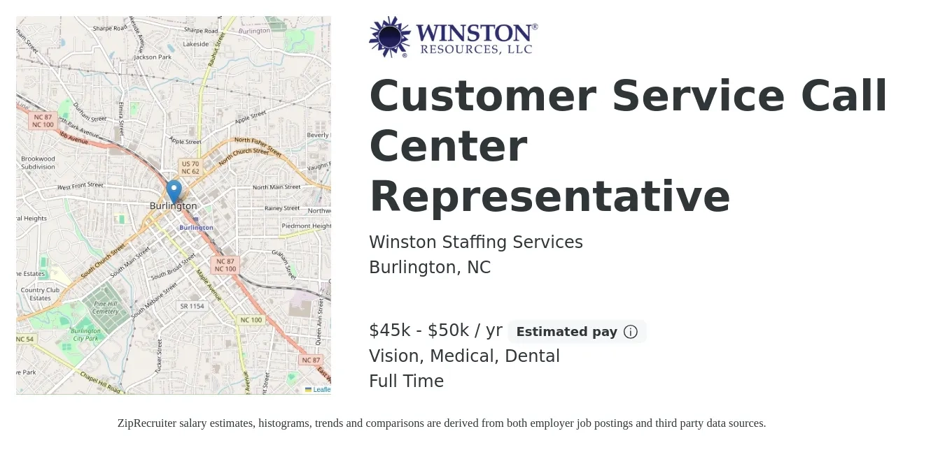 Winston Staffing Services job posting for a Customer Service Call Center Representative in Burlington, NC with a salary of $45,000 to $50,000 Yearly and benefits including dental, life_insurance, medical, pto, retirement, and vision with a map of Burlington location.