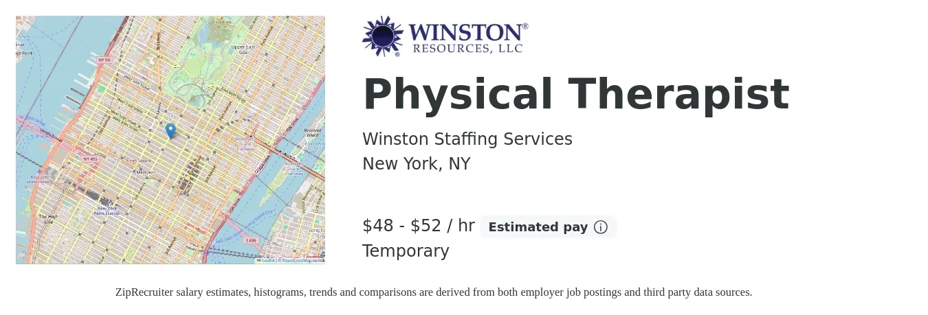 Winston Staffing Services job posting for a Physical Therapist in New York, NY with a salary of $50 to $55 Hourly with a map of New York location.