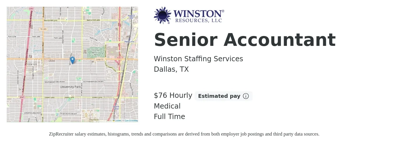 Winston Staffing Services job posting for a Senior Accountant in Dallas, TX with a salary of $80 Hourly and benefits including medical, pto, and retirement with a map of Dallas location.