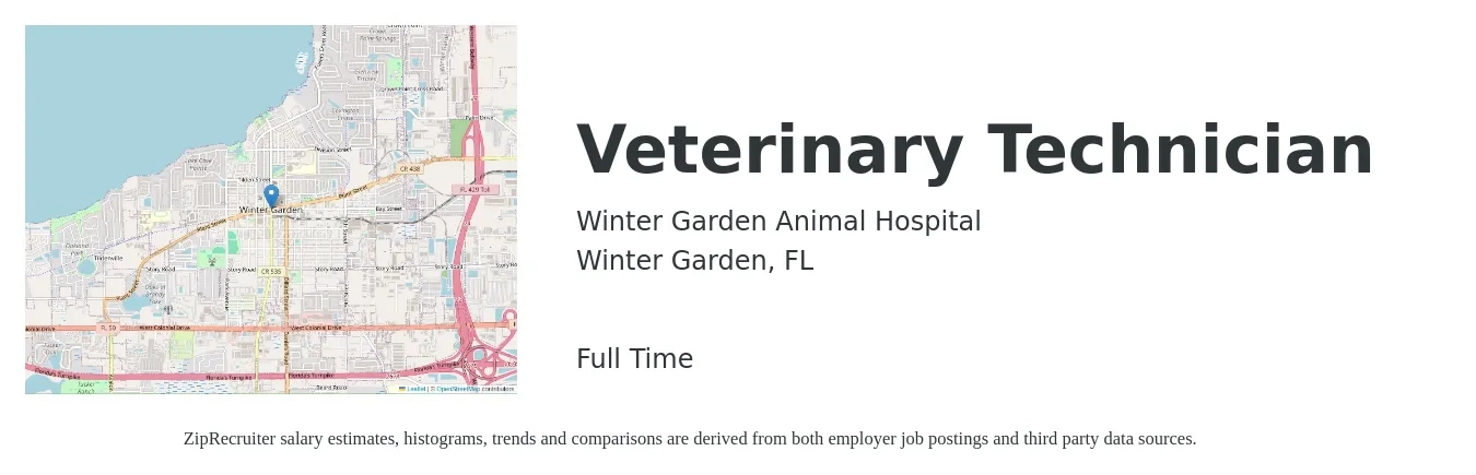 Winter Garden Animal Hospital job posting for a Veterinary Technician in Winter Garden, FL with a salary of $16 to $23 Hourly with a map of Winter Garden location.