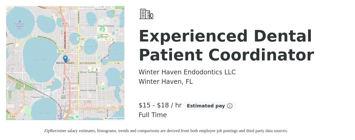Winter Haven Endodontics LLC job posting for a Experienced Dental Patient Coordinator in Winter Haven, FL with a salary of $16 to $19 Hourly with a map of Winter Haven location.