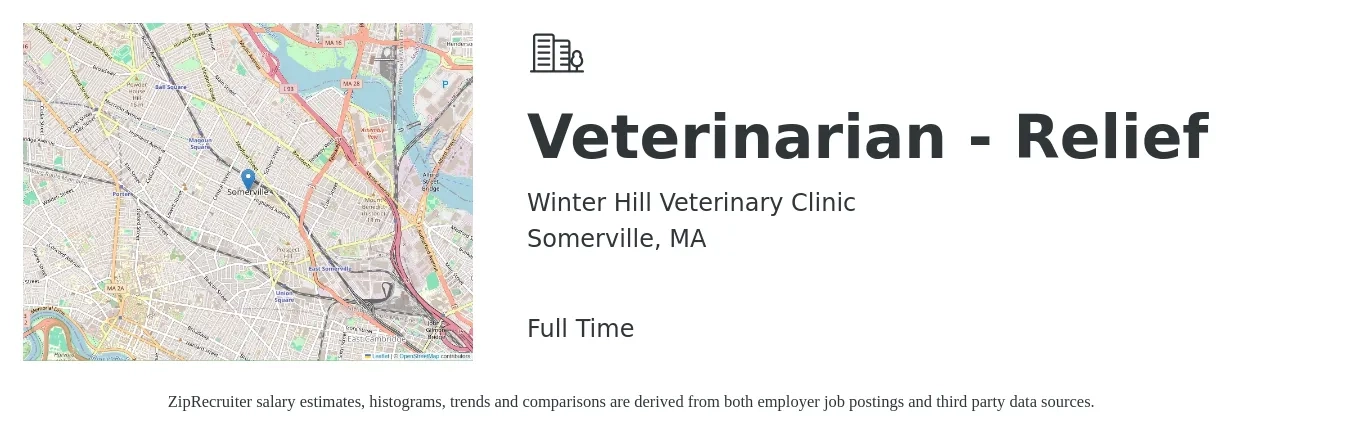 Winter Hill Veterinary Clinic job posting for a Veterinarian - Relief in Somerville, MA with a salary of $90 to $125 Hourly with a map of Somerville location.