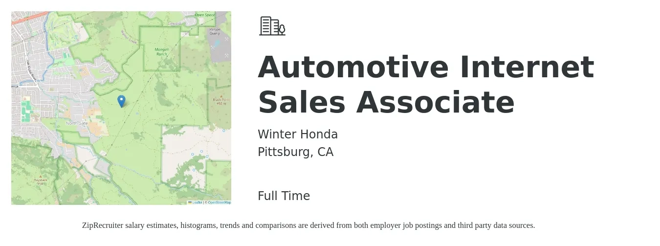 Winter Honda job posting for a Automotive Internet Sales Associate in Pittsburg, CA with a salary of $17 to $22 Hourly with a map of Pittsburg location.