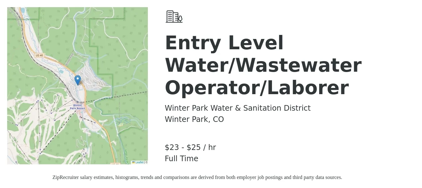 Winter Park Water & Sanitation District job posting for a Entry Level Water/Wastewater Operator/Laborer in Winter Park, CO with a salary of $24 to $26 Hourly with a map of Winter Park location.