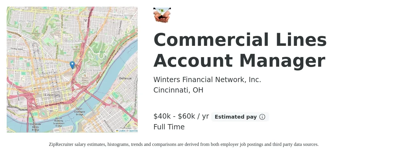 Winters Financial Network, Inc. job posting for a Commercial Lines Account Manager in Cincinnati, OH with a salary of $40,000 to $60,000 Yearly with a map of Cincinnati location.
