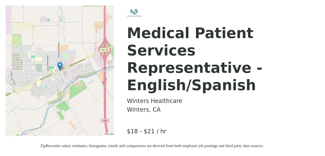 Winters Healthcare job posting for a Medical Patient Services Representative - English/Spanish in Winters, CA with a salary of $19 to $22 Hourly with a map of Winters location.