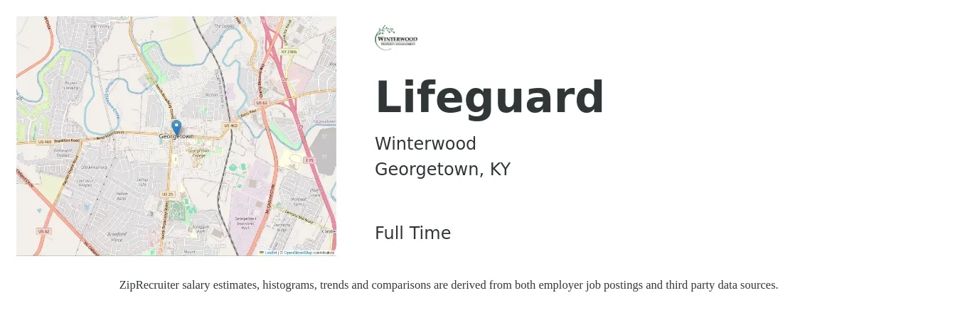Winterwood job posting for a Lifeguard in Georgetown, KY with a salary of $20 Hourly with a map of Georgetown location.