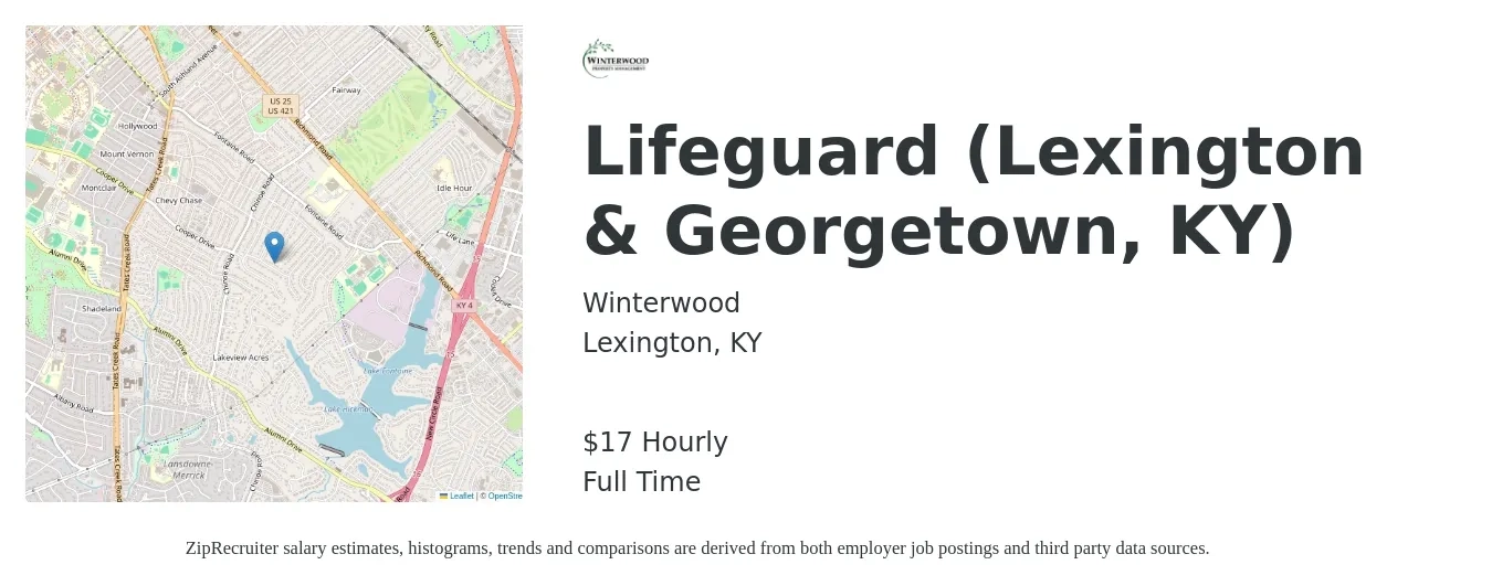 Winterwood job posting for a Lifeguard (Lexington & Georgetown, KY) in Lexington, KY with a salary of $18 Hourly with a map of Lexington location.