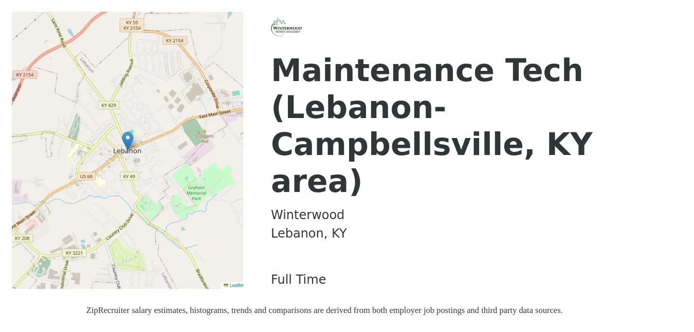 Winterwood job posting for a Maintenance Tech (Lebanon-Campbellsville, KY area) in Lebanon, KY with a salary of $20 Hourly with a map of Lebanon location.