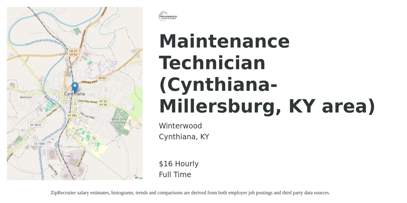 Winterwood job posting for a Maintenance Technician (Cynthiana-Millersburg, KY area) in Cynthiana, KY with a salary of $17 Hourly with a map of Cynthiana location.