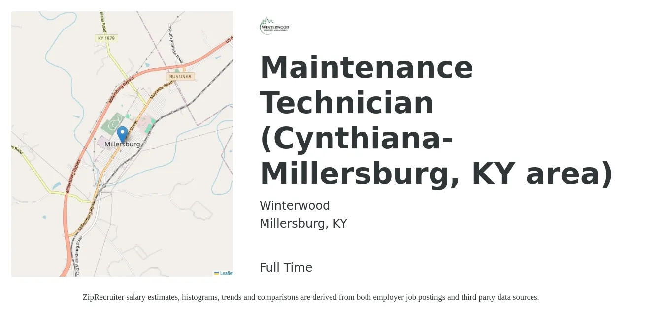 Winterwood job posting for a Maintenance Technician (Cynthiana-Millersburg, KY area) in Millersburg, KY with a salary of $17 Hourly with a map of Millersburg location.