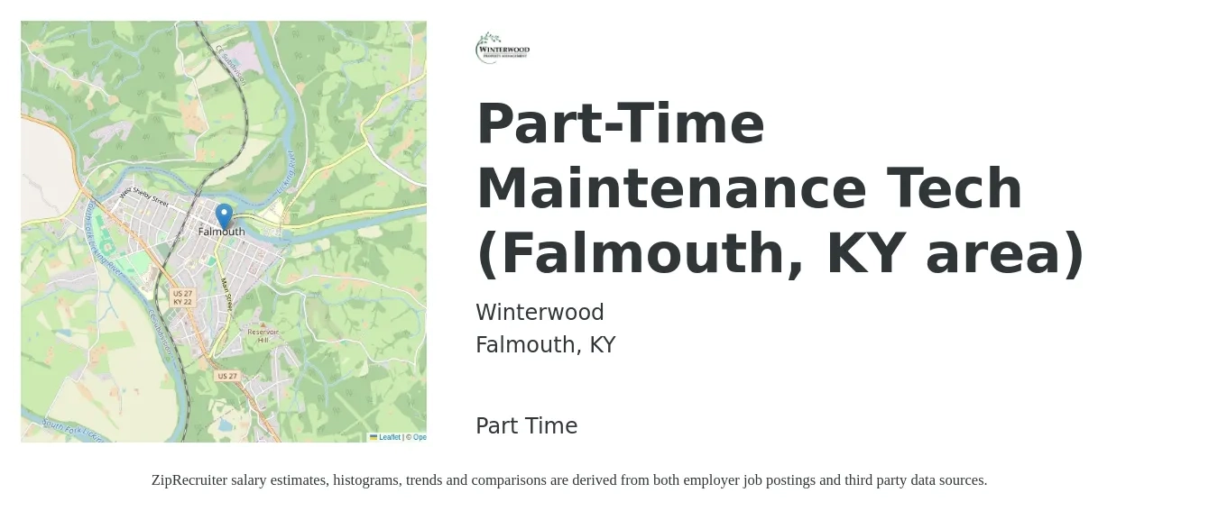 Winterwood job posting for a Part-Time Maintenance Tech (Falmouth, KY area) in Falmouth, KY with a salary of $18 to $25 Hourly with a map of Falmouth location.
