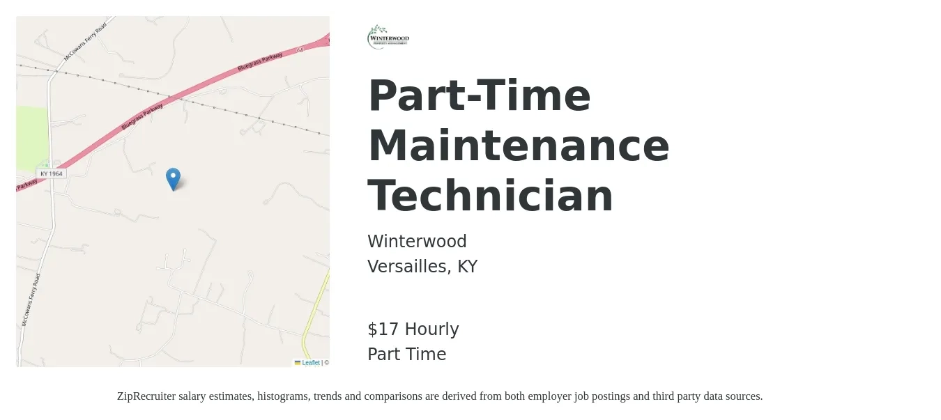 Winterwood job posting for a Part-Time Maintenance Technician in Versailles, KY with a salary of $18 Hourly with a map of Versailles location.
