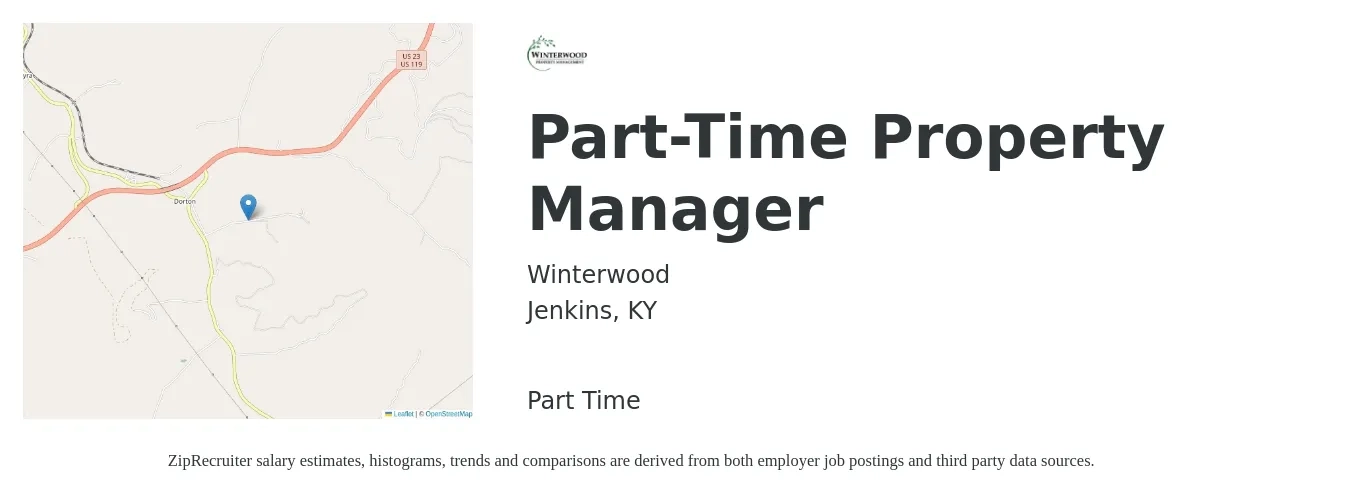 Winterwood job posting for a Part-Time Property Manager in Jenkins, KY with a salary of $15 to $17 Hourly with a map of Jenkins location.