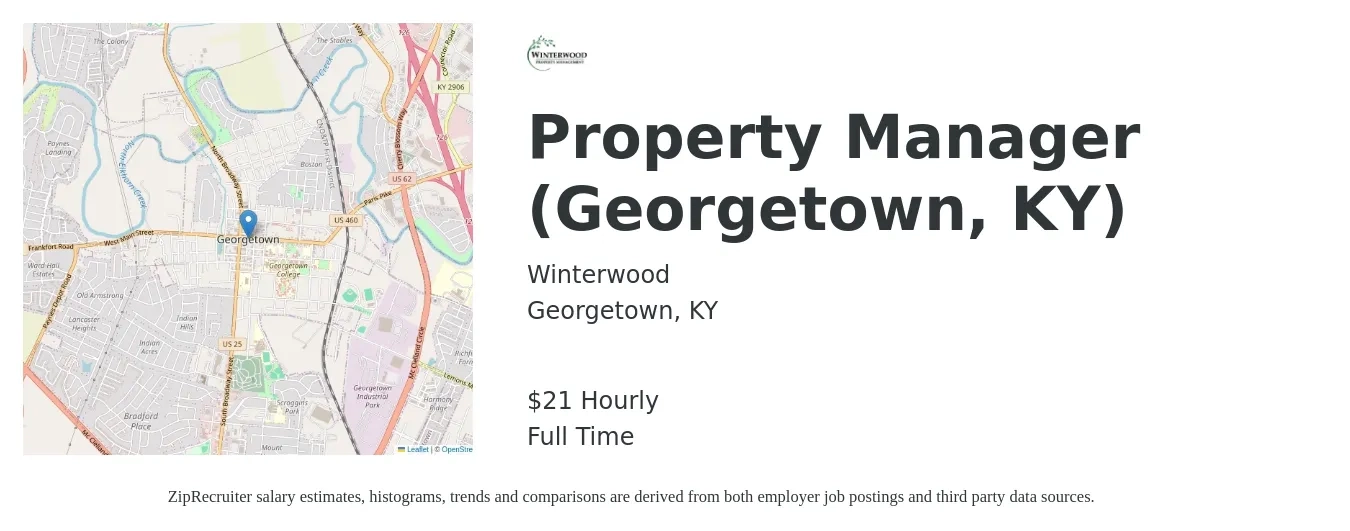 Winterwood job posting for a Property Manager (Georgetown, KY) in Georgetown, KY with a salary of $22 Hourly with a map of Georgetown location.