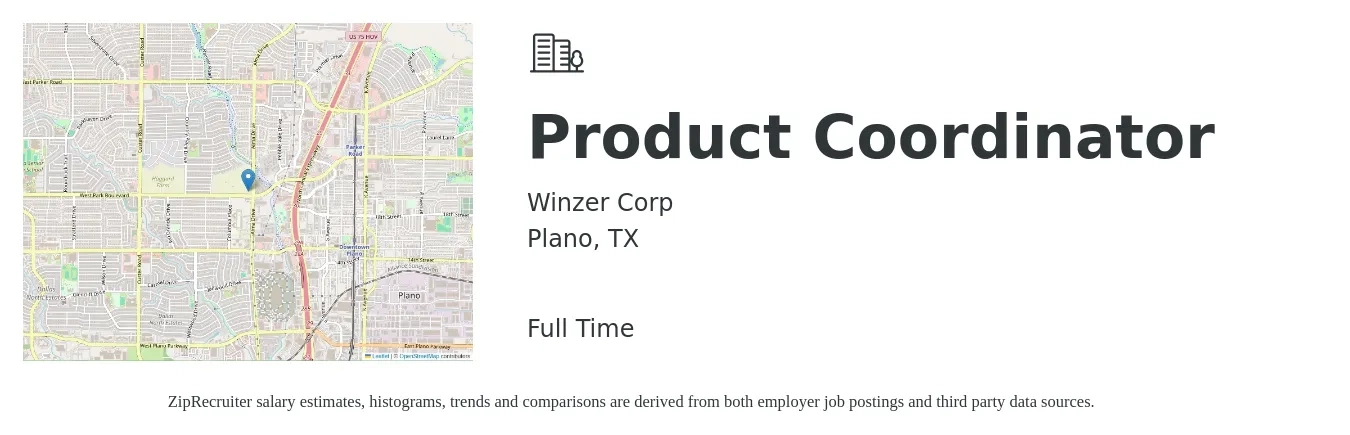 Winzer Corp job posting for a Product Coordinator in Plano, TX with a salary of $20 to $29 Hourly with a map of Plano location.