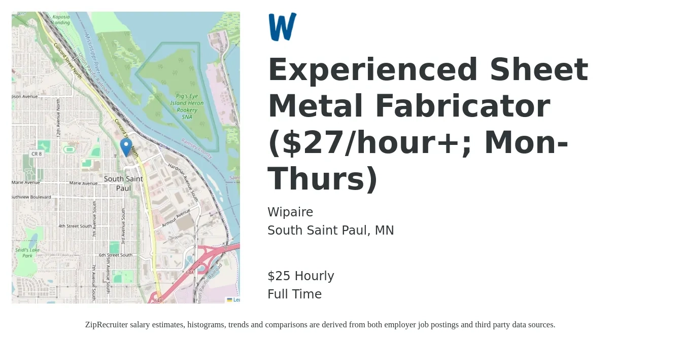 Wipaire Inc job posting for a Experienced Sheet Metal Fabricator ($27/hour+; Mon-Thurs) in South Saint Paul, MN with a salary of $27 Hourly with a map of South Saint Paul location.